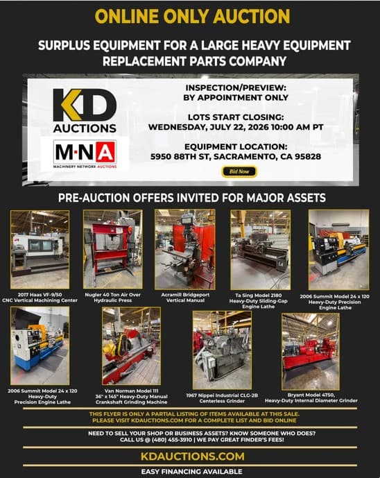 KD auction flyer: surplus heavy-equipment replacement-parts company, Sacramento CA
