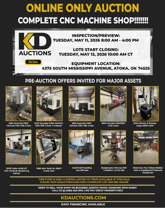 KD auction flyer: complete CNC machine shop, Atoka OK